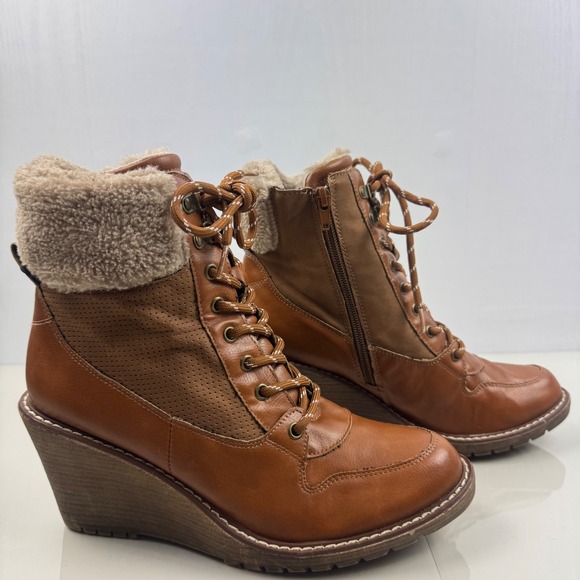 Rouge‎ Women Size 8.5 Brown Faux Leather Wedge Ankle Boots Lace Up Side Zip - Picture 3 of 14
